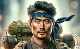 Best practice Disaster Recovery (DR) and Business Continuity (BC) Planning. A man with Asian features prepares for a disaster. He has a bandanna and a military backpack. He is holding a keyboard in one hand and wearing a business suit and tie as well.