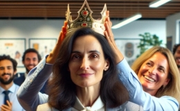 receiving a crown and accolades from her peers in an office.