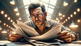 Information Security certification. A mature male looks confused as he reads reams of paper that are the ISO27001 standard.