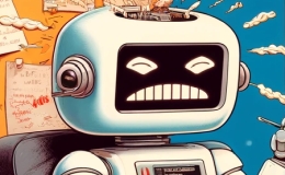 AImpotence. When your AI just cannot deliver what you need. A humorous image depicting a robot that is eating junk food and not performing particuarly well.
